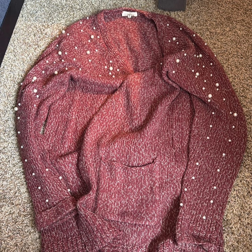 Gorgeous red and white cardigan with pearl embellishments